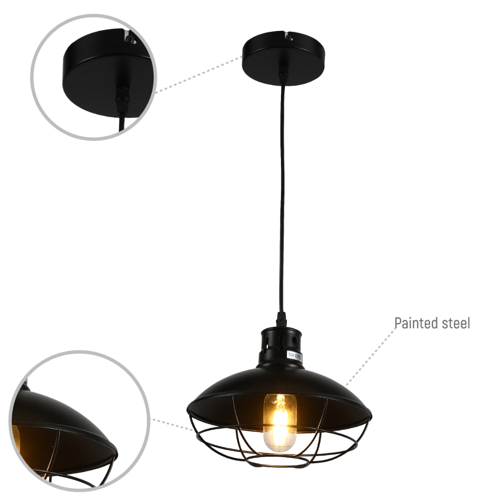Lámpara colgante de estilo industrial con jaula, ideal para espacios contemporáneos como cocinas o comedores.