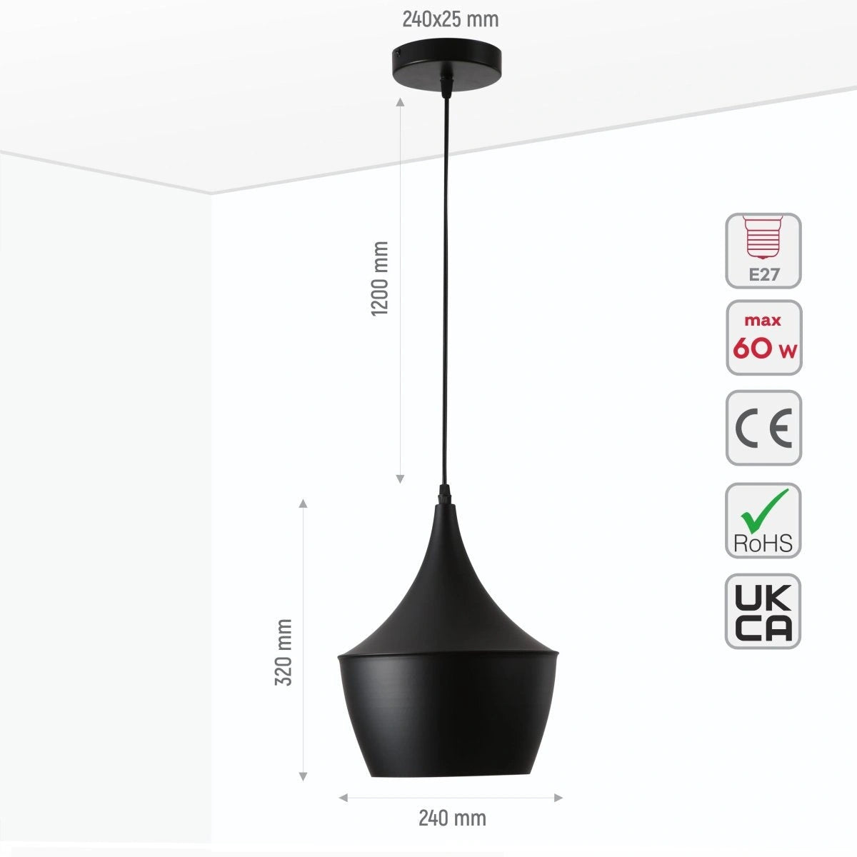 Size and specs of Penn Cone Schoolhouse Orient Flat Black Gold Metal Pendant Ceiling Light E27 | TEKLED 150-17912