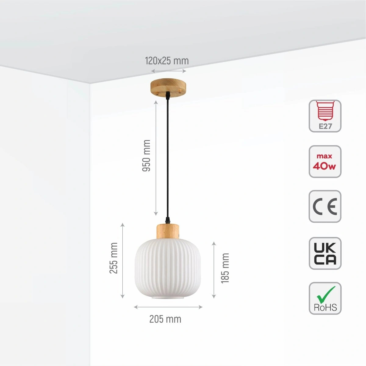 Size and specs of Sawyer Ribbed Fluted Reeded Maloto Lantern Opal Glass Pendant Ceiling Light E27 Wood Top | TEKLED 150-18710