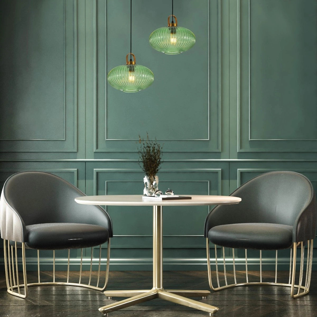 Living room dining room waiting room interior usage of Sawyer Ribbed Fluted Reeded Maloto Lantern Green Glass Pendant Ceiling Light E27 Gold Handled | TEKLED 150-18706