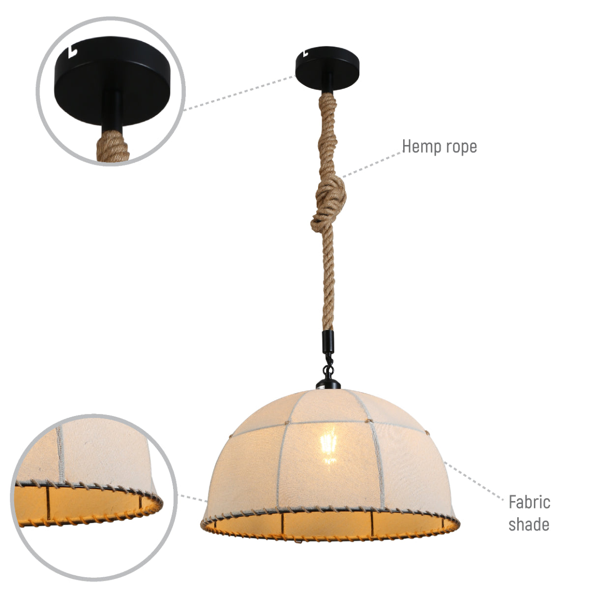 Lámpara colgante de tela con cuerda de yute, ideal para cocinas rústicas y ambientes acogedores.