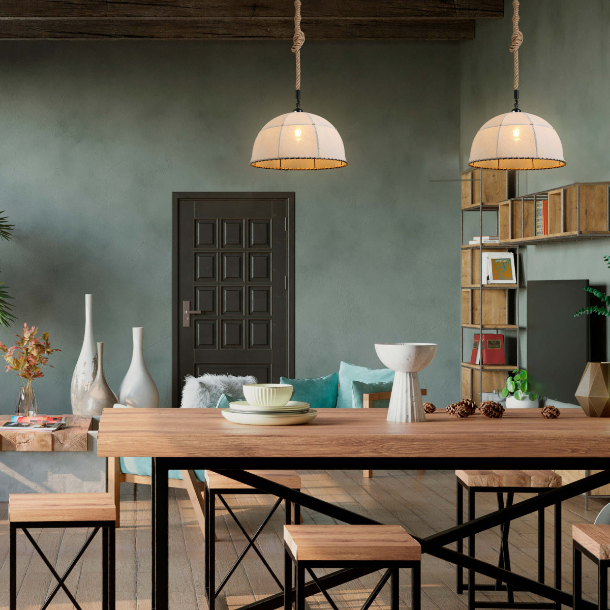 Luz colgante de tela con cuerda de yute, perfecta para cocinas de estilo rústico y acogedor.