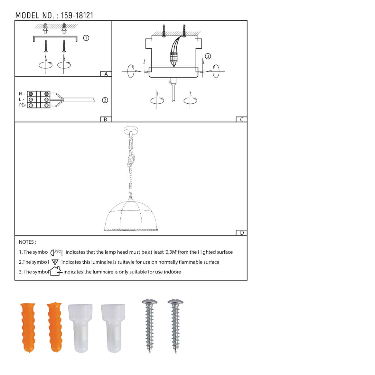 Dibujo técnico de una lámpara colgante de tela con cuerda de cáñamo, ideal para decoraciones rústicas y ambientes acogedores.