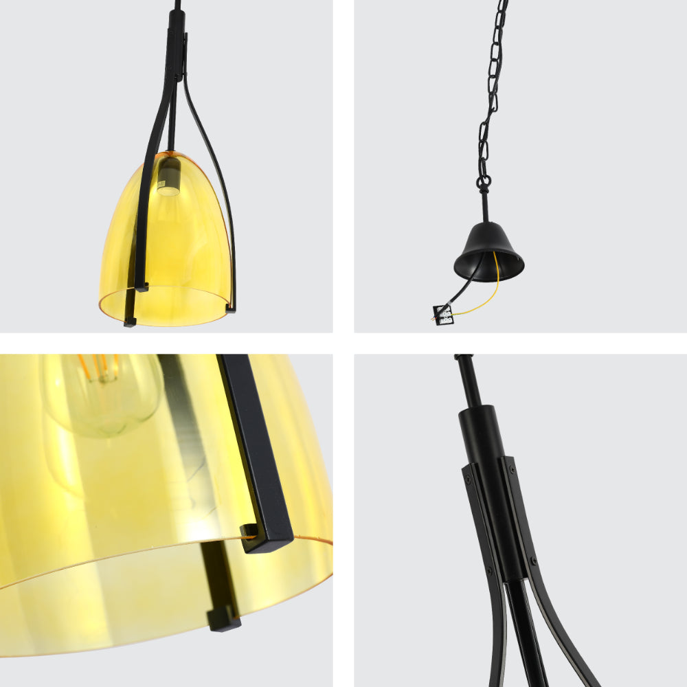 Lámpara colgante de vidrio en forma de campana, perfecta para cocinas de estilo industrial contemporáneo.