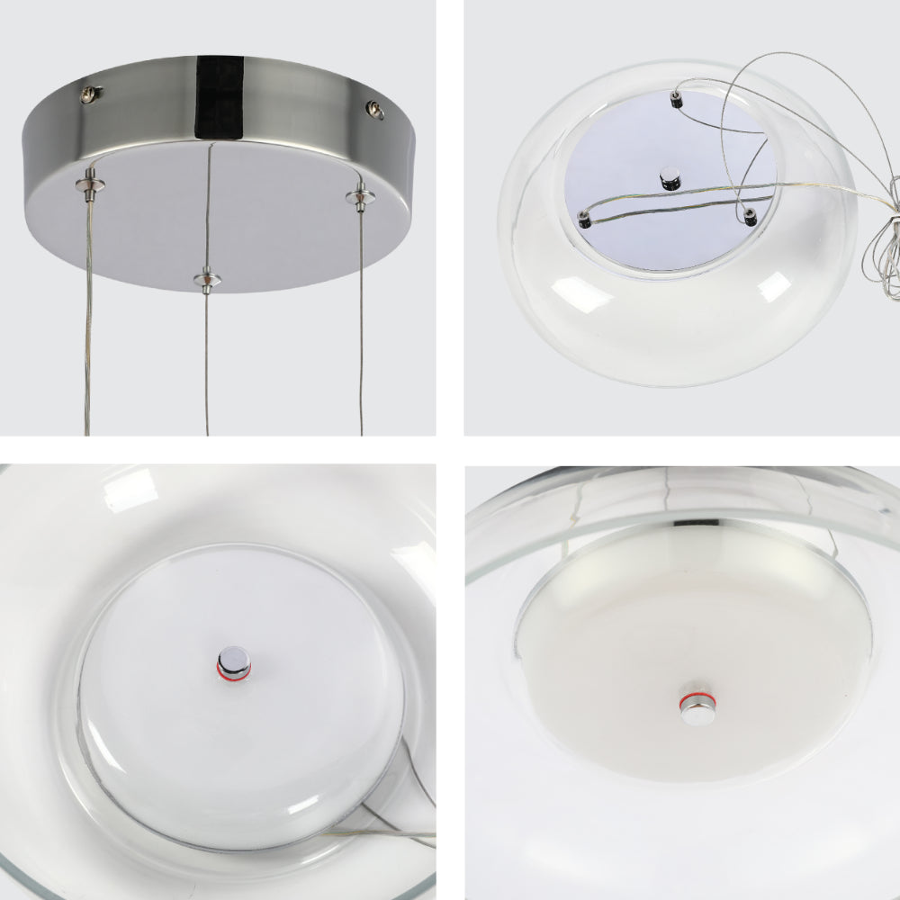 Imagen principal de una lámpara colgante de vidrio minimalista en cromo, perfecta para espacios modernos como comedores o salas de estar.