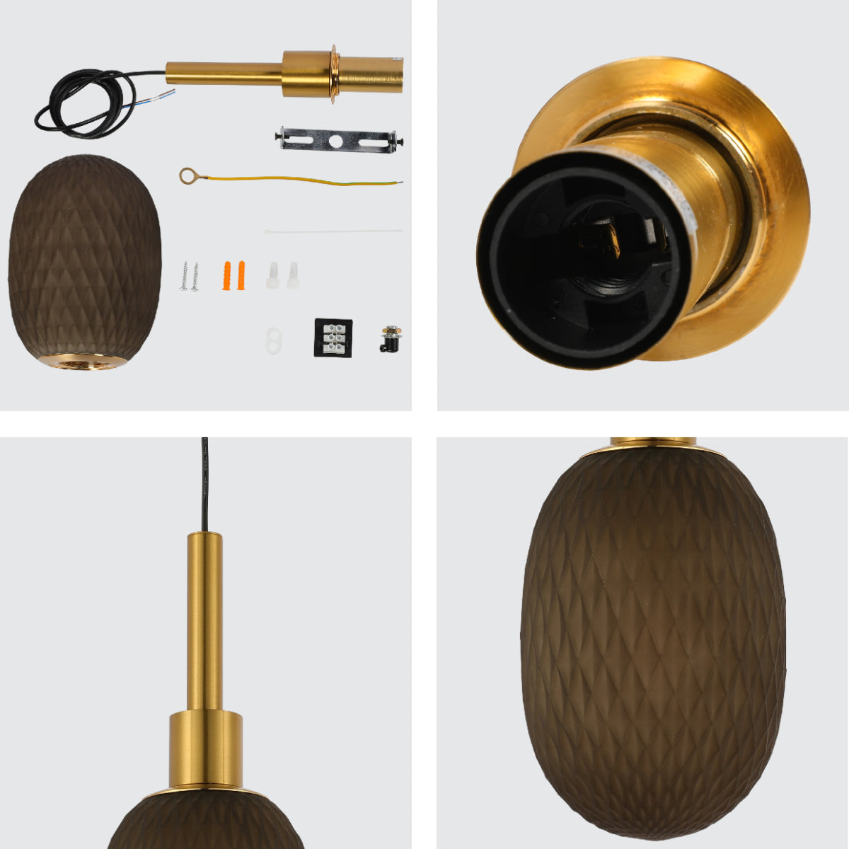 Primer plano de una lámpara colgante elipsoidal opalescente con detalles dorados, perfecta para cocinas modernas y comedores elegantes.