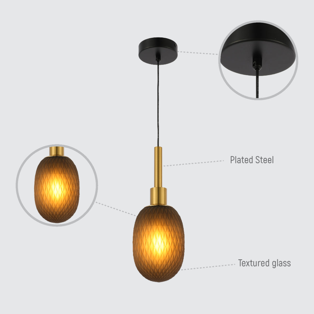 Luz colgante elipsoidal de vidrio opalescente con detalles dorados, ideal para comedor moderno y elegante.