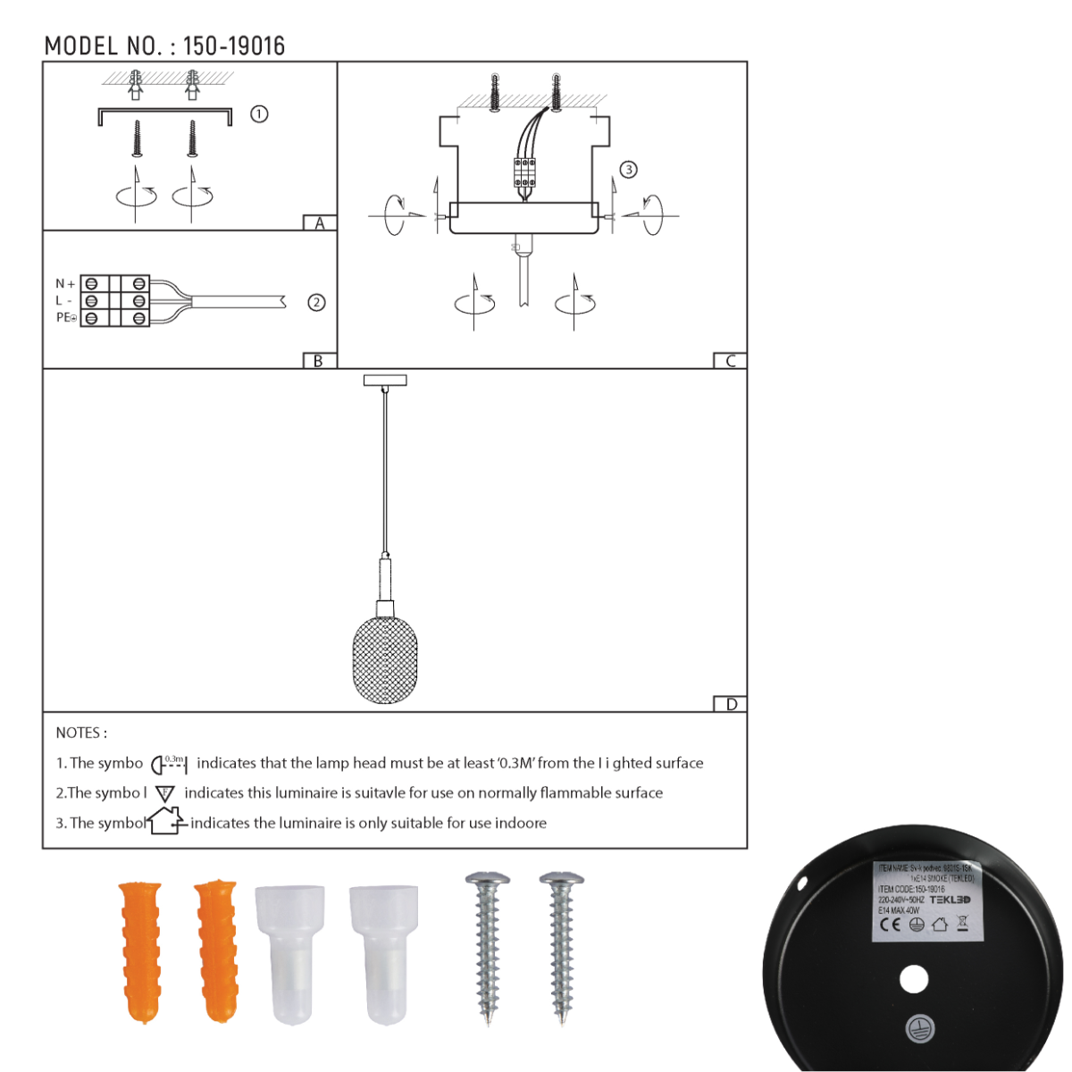 Dibujo técnico de lámpara colgante elipsoide opalescente con detalles en dorado, mostrando dimensiones y especificaciones de instalación.