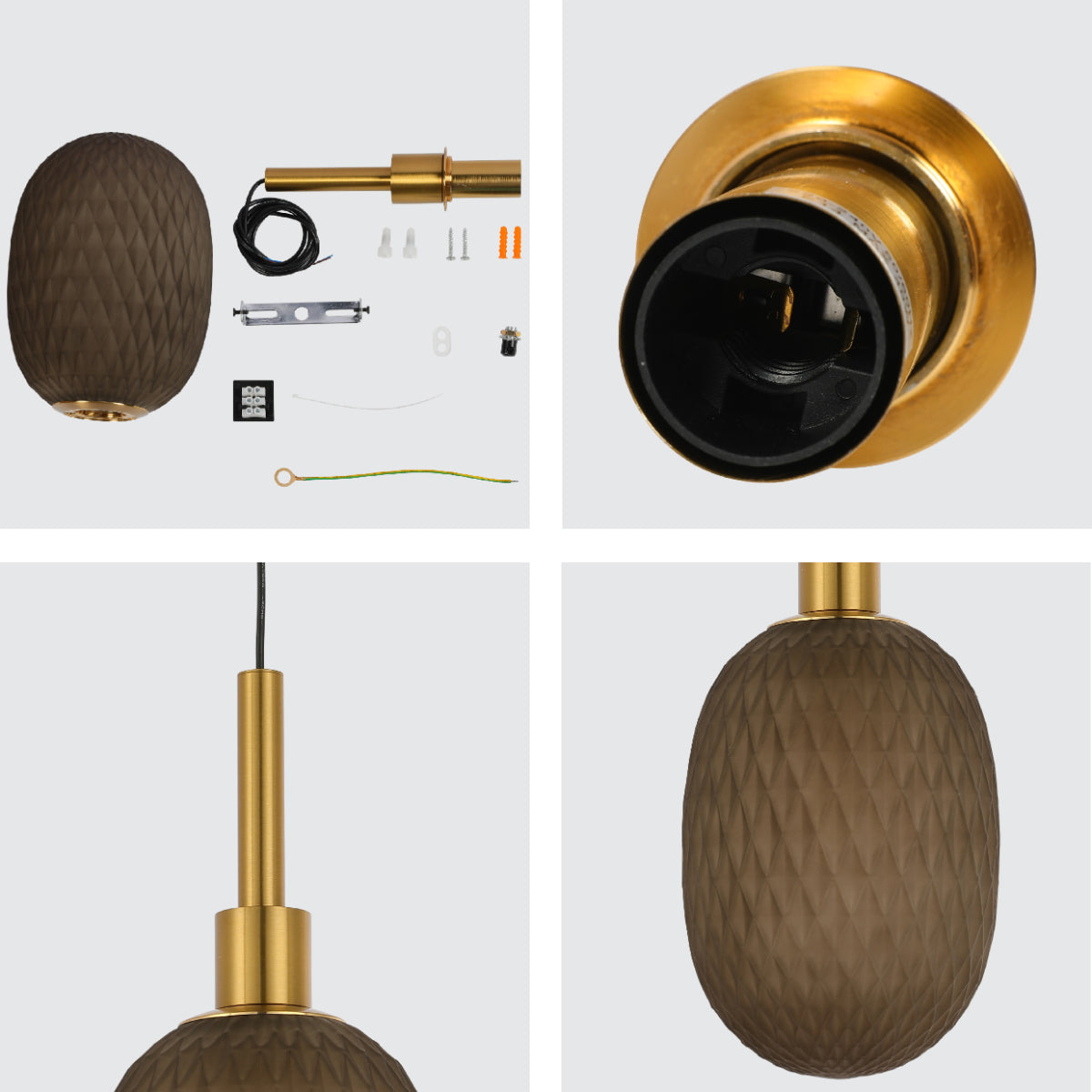 Primer plano de una lámpara colgante elipsoidal opalescente con detalles dorados, ideal para estilos de decoración moderna y elegante.
