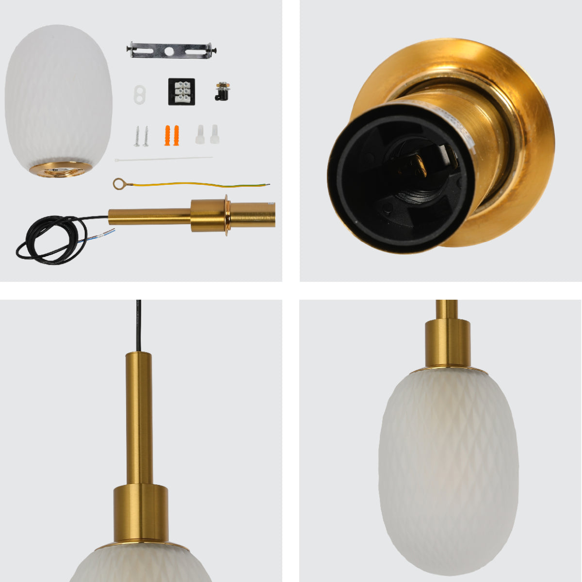 Primer plano de la lámpara colgante elipsoidal opalescente con detalles dorados, ideal para espacios modernos y elegantes.