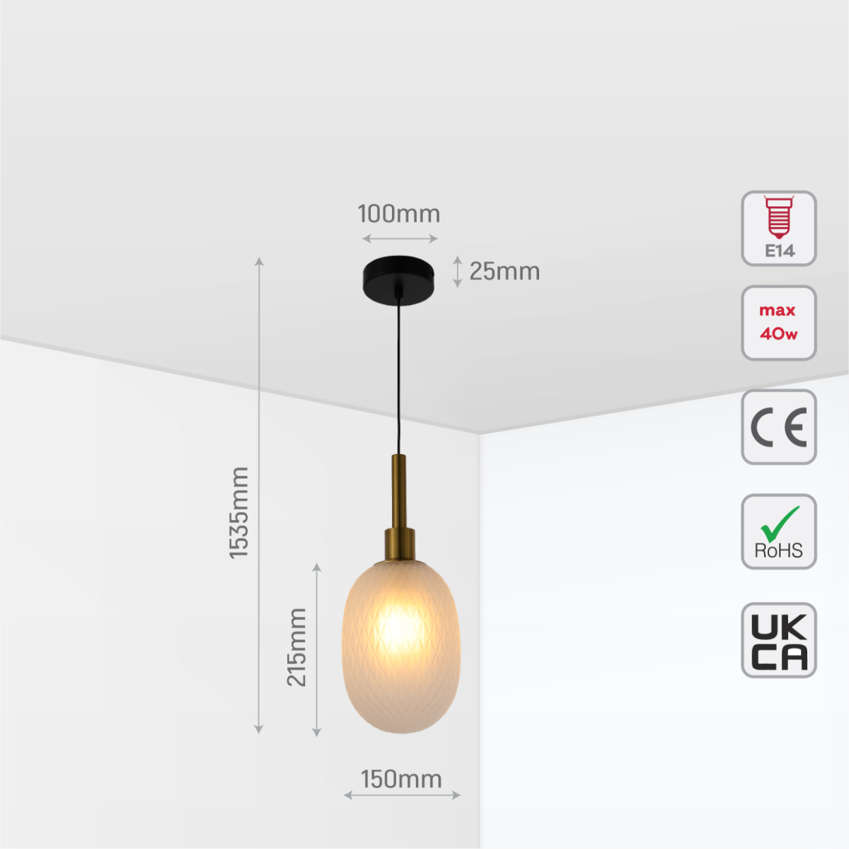 Luz colgante elipsoidal opalescente con detalles dorados, ideal para espacios contemporáneos y elegantes como comedores o salas.