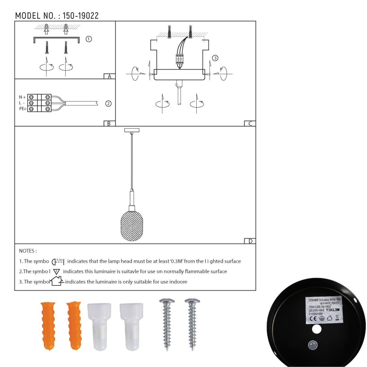 Dibujo técnico de lámpara colgante elipsoidal opalescente con detalles dorados, mostrando dimensiones y especificaciones de instalación.