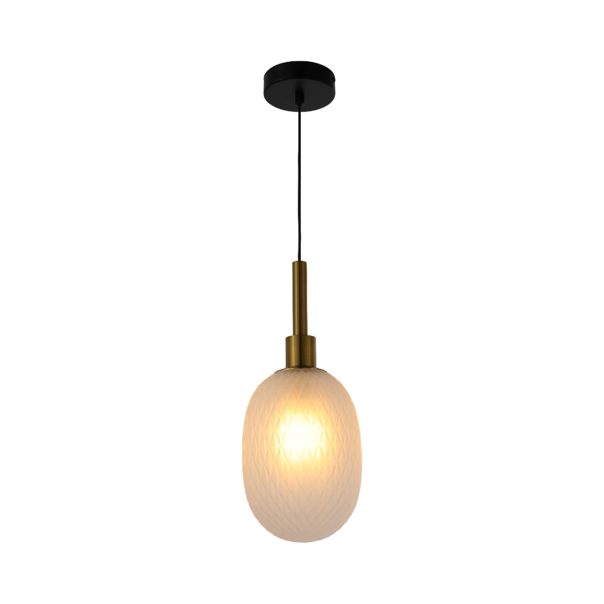 Luz colgante elipsoidal opalescente con detalles en oro, perfecta para comedores con estilo moderno y elegante.