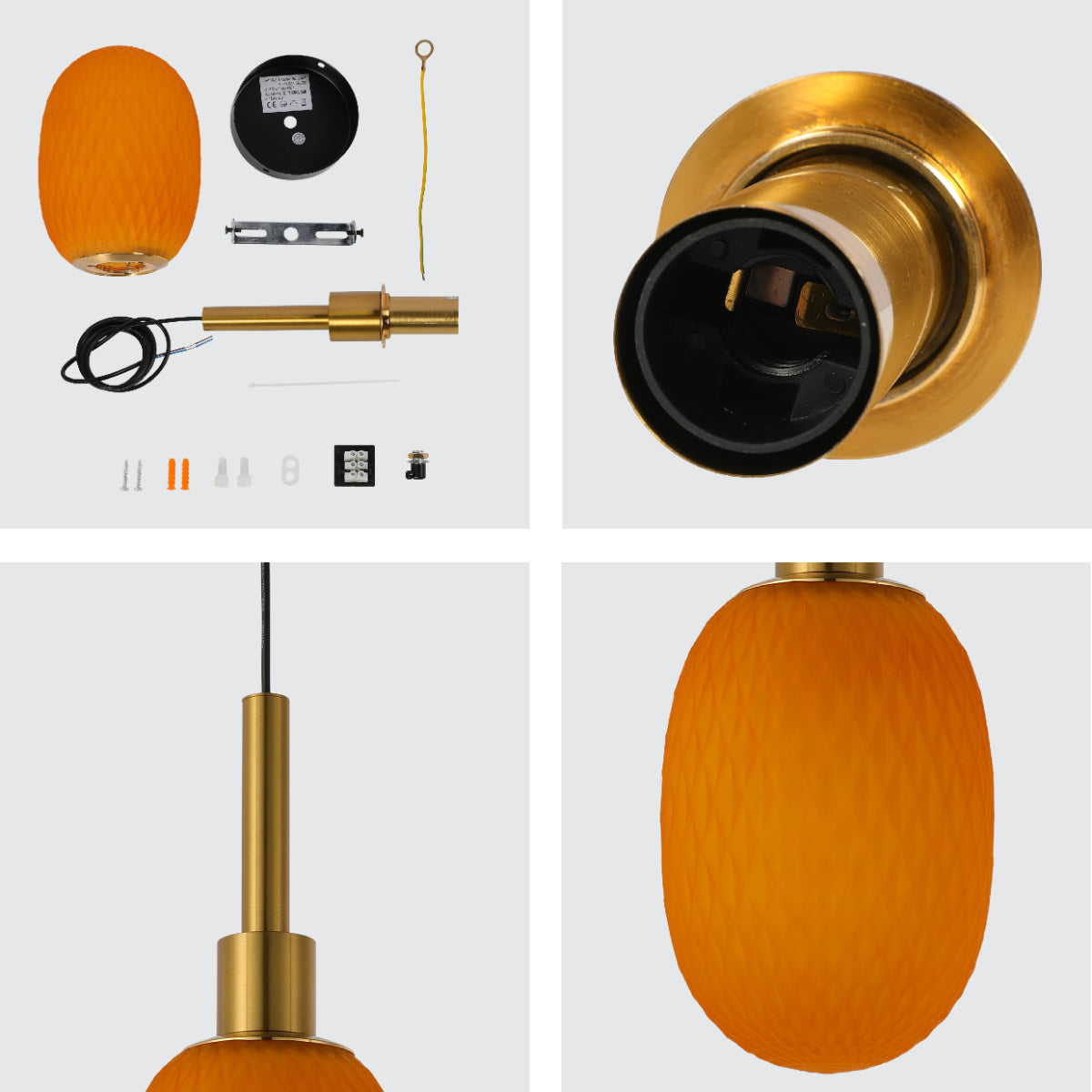 Primer plano de una lámpara colgante elipsoidal opalescente con detalles dorados, perfecta para comedor en estilo moderno.