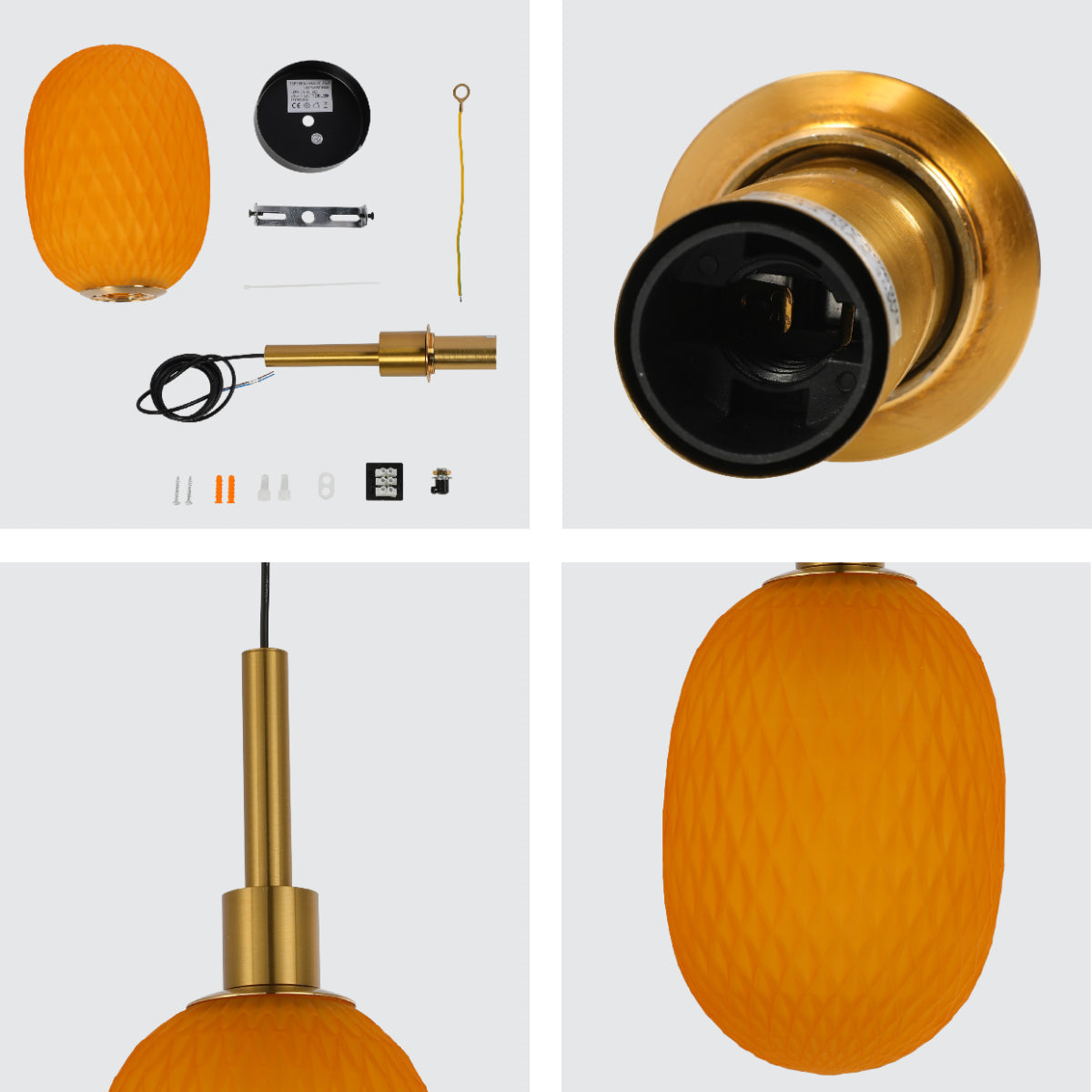 Primer plano de la lámpara colgante elipsoidal opalescente con detalles dorados, ideal para espacios modernos y elegantes.