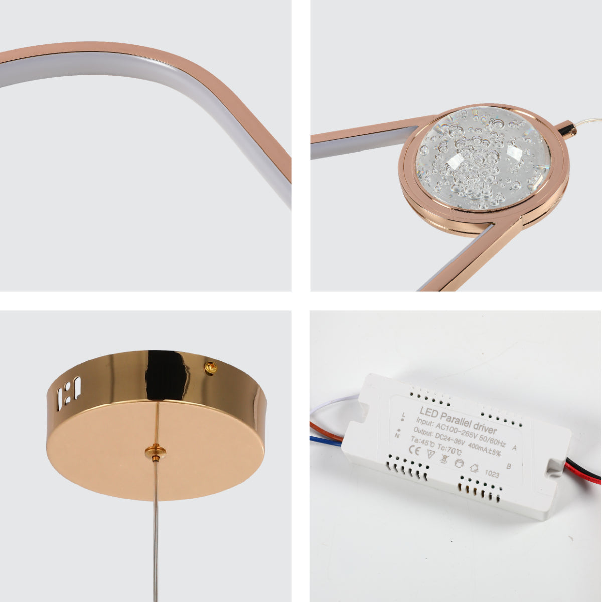 Primer plano de la lámpara colgante LED Farrah Moon Pearl con acabado en oro, ideal para espacios modernos y elegantes.