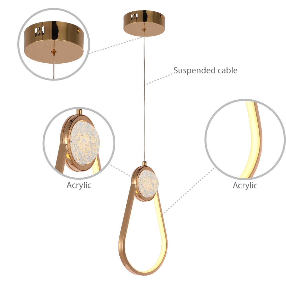 Lámpara colgante LED en forma de luna con perlas, perfecta para comedores de estilo moderno y elegante.