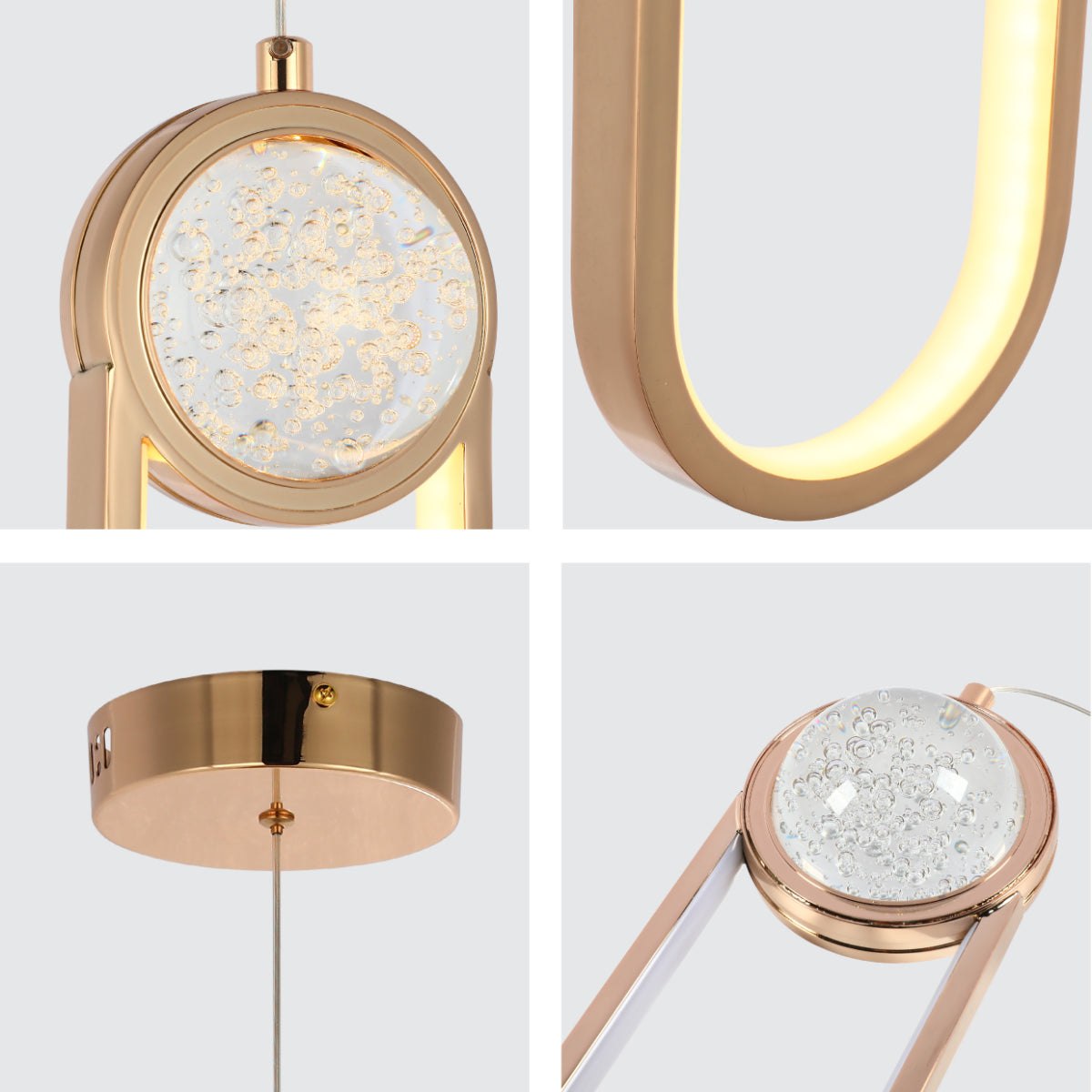 Primer plano de la lámpara colgante LED Farrah Moon con diseño elegante, ideal para espacios contemporáneos y comedores modernos.