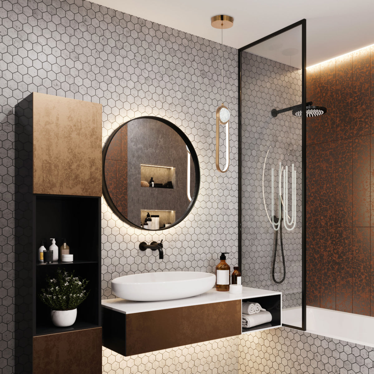 Luz colgante LED Farrah de perla lunar en un salón moderno, perfecta para acentuar el estilo contemporáneo y elegante del espacio.