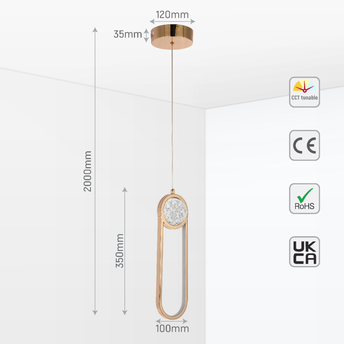 Luz colgante LED de forma lunar en oro, ideal para salas modernas y elegantes, que añade un toque sofisticado a cualquier espacio.