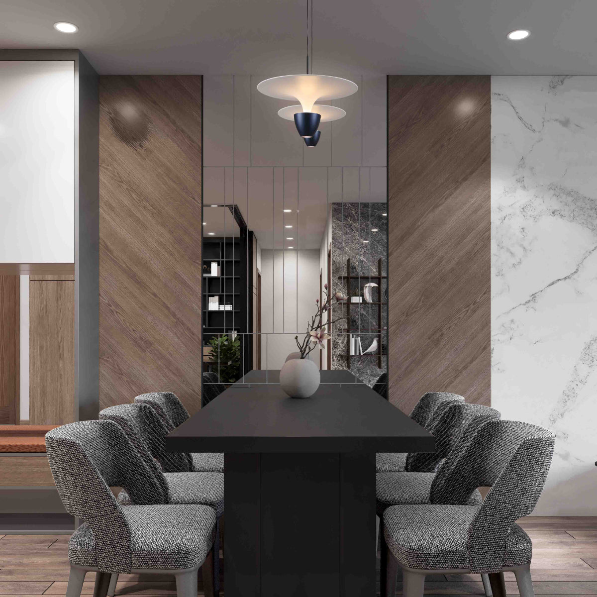 Lámpara colgante de diseño moderno en una sala de estar elegante, perfecta para crear un ambiente acogedor y contemporáneo.