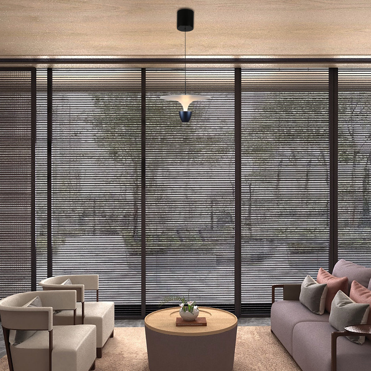 Lámpara colgante de diseño moderno en un comedor contemporáneo, con función de cambio de CCT para iluminación versátil.