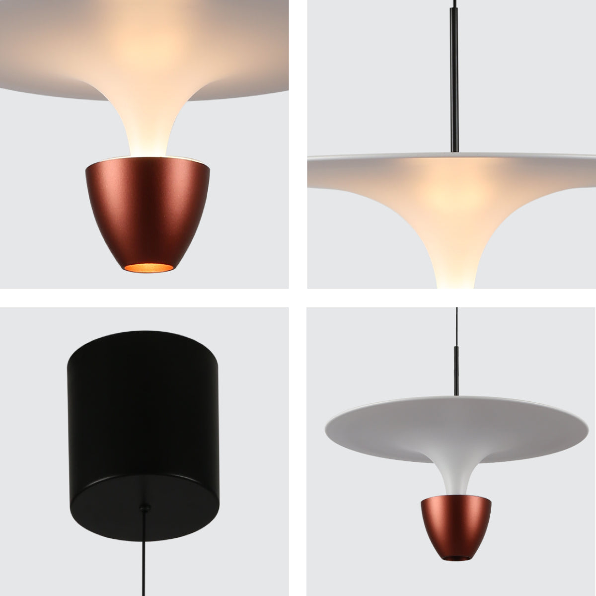 Primer plano de lámpara colgante de diseño elegante con luz CCT regulable, ideal para comedores modernos y acogedores.