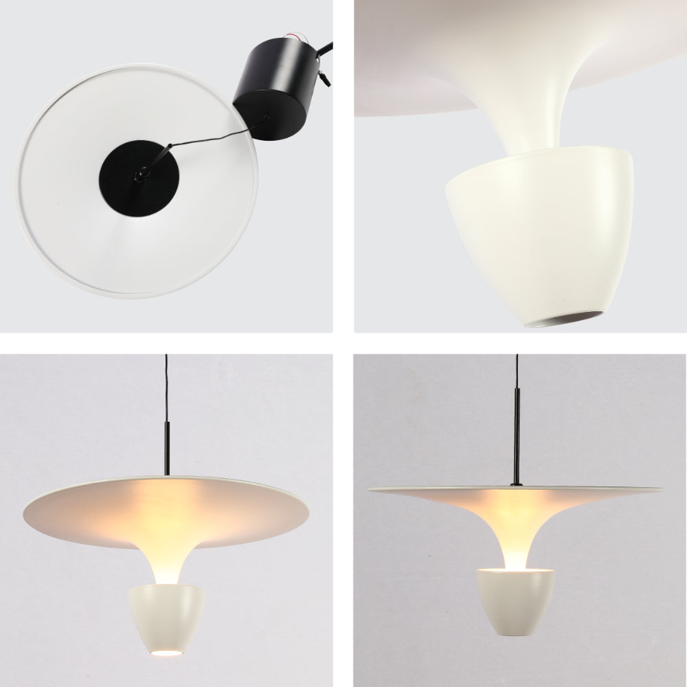 Luz colgante en forma de fuente de metal brunido, perfecta para comedores con decoración contemporánea y funcional.