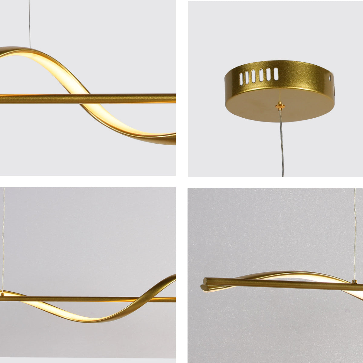 Primer plano de una lámpara colgante LED en forma de onda, perfecta para espacios modernos y contemporáneos.