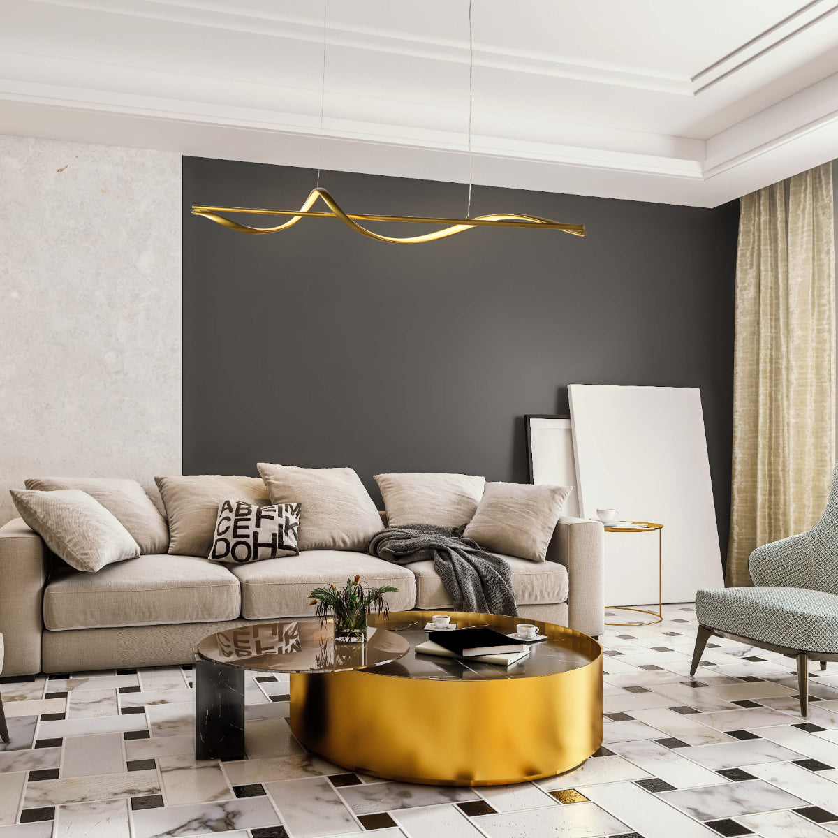 Lámpara colgante LED en forma de onda infinita, ideal para comedores con decoración moderna y elegante.