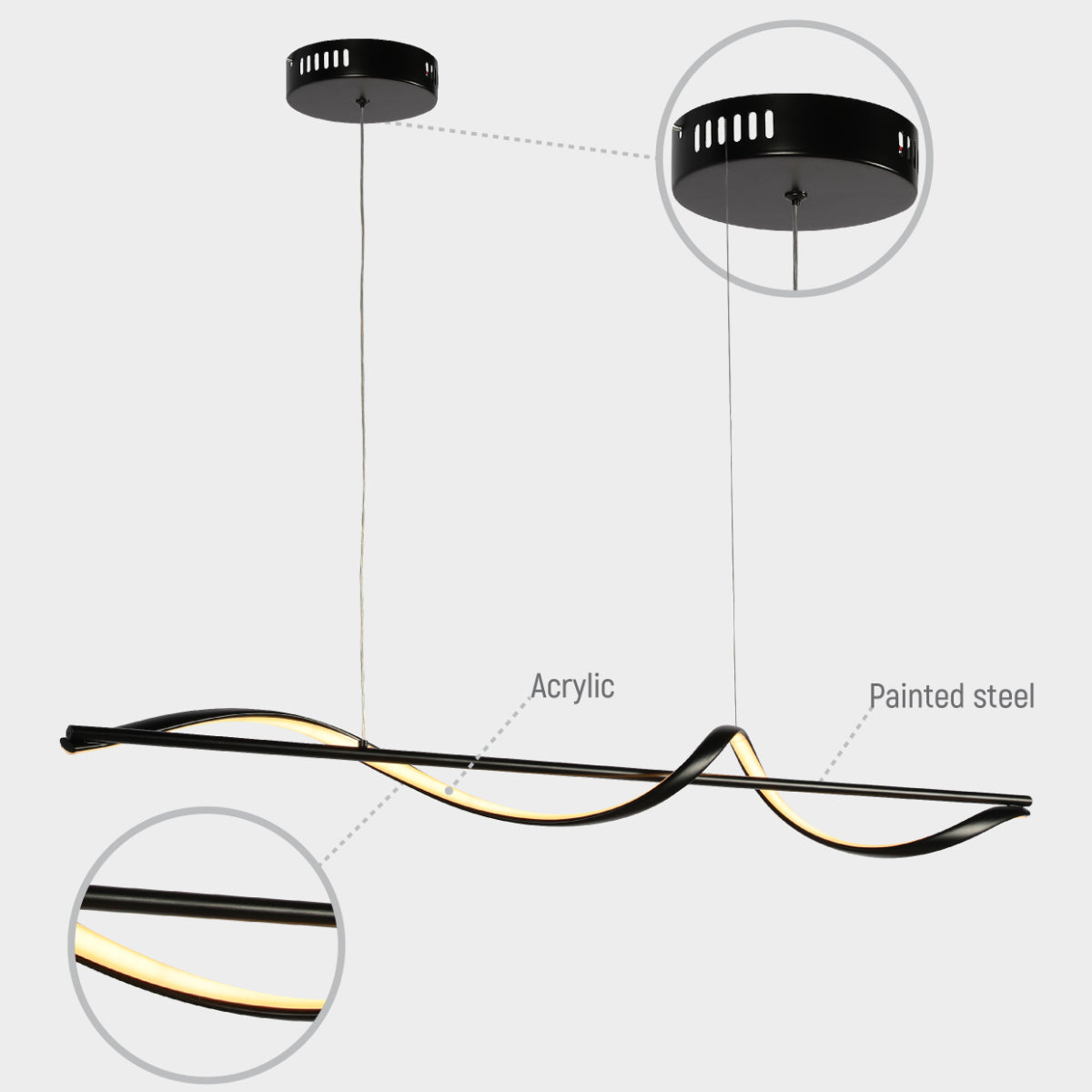 Luz colgante LED Infinity Wave, ideal para salones modernos con decoraciones minimalistas y contemporáneas.