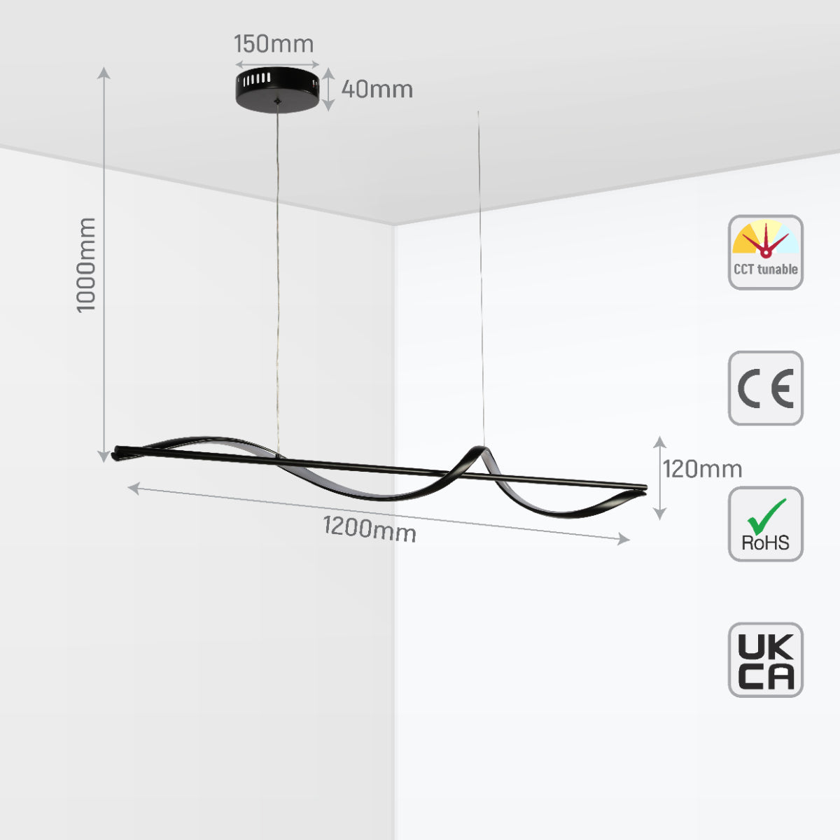 Lámpara colgante LED en forma de onda moderna, perfecta para salones con decoraciones contemporáneas y elegantes.