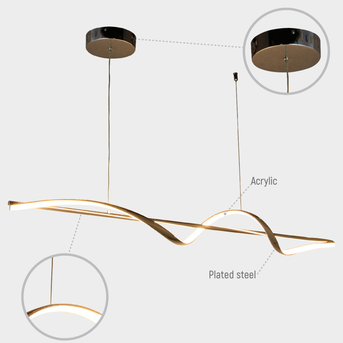 Lámpara colgante LED en forma de onda infinita, ideal para comedores modernos con un diseño elegante y contemporáneo.