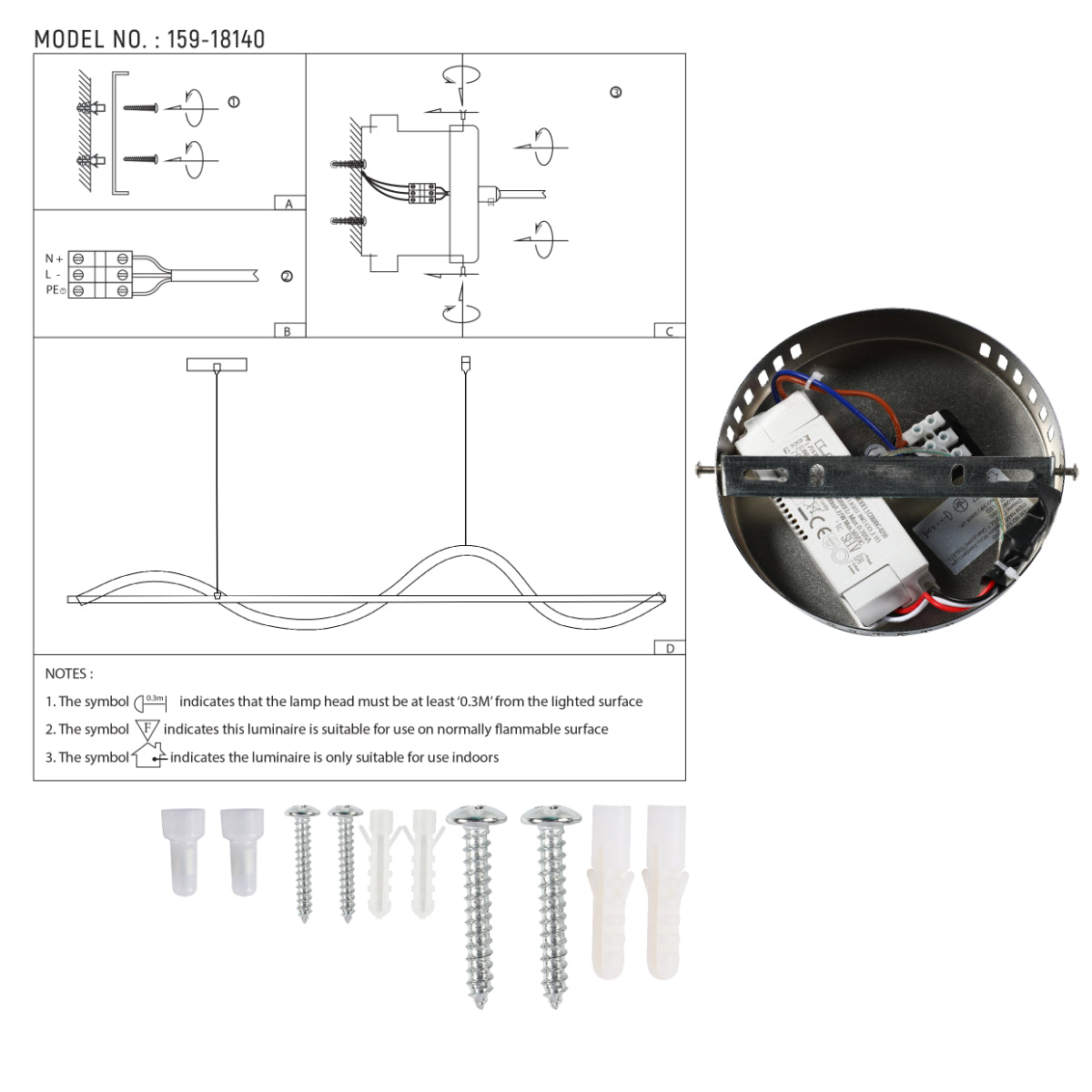 Dibujo técnico de la lámpara colgante LED Infinity Wave, mostrando dimensiones y detalles de instalación para decoraciones modernas.