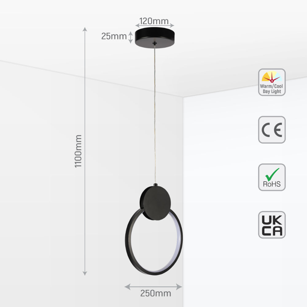 Luz colgante LED moderna de anillo negro, ideal para dormitorios con decoración nórdica y tecnología CCT ajustable.