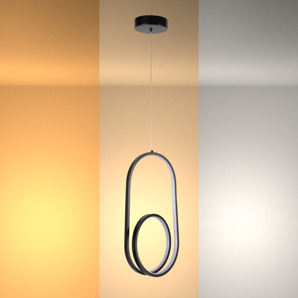 Imagen de una lámpara colgante LED moderna de anillo negro, perfecta para dormitorios con decoración nórdica y estilo minimalista.