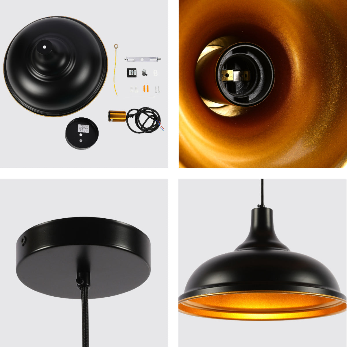 Primer plano de lámpara colgante moderna con sombrero metálico, perfecta para espacios de estilo contemporáneo como comedores o salones.