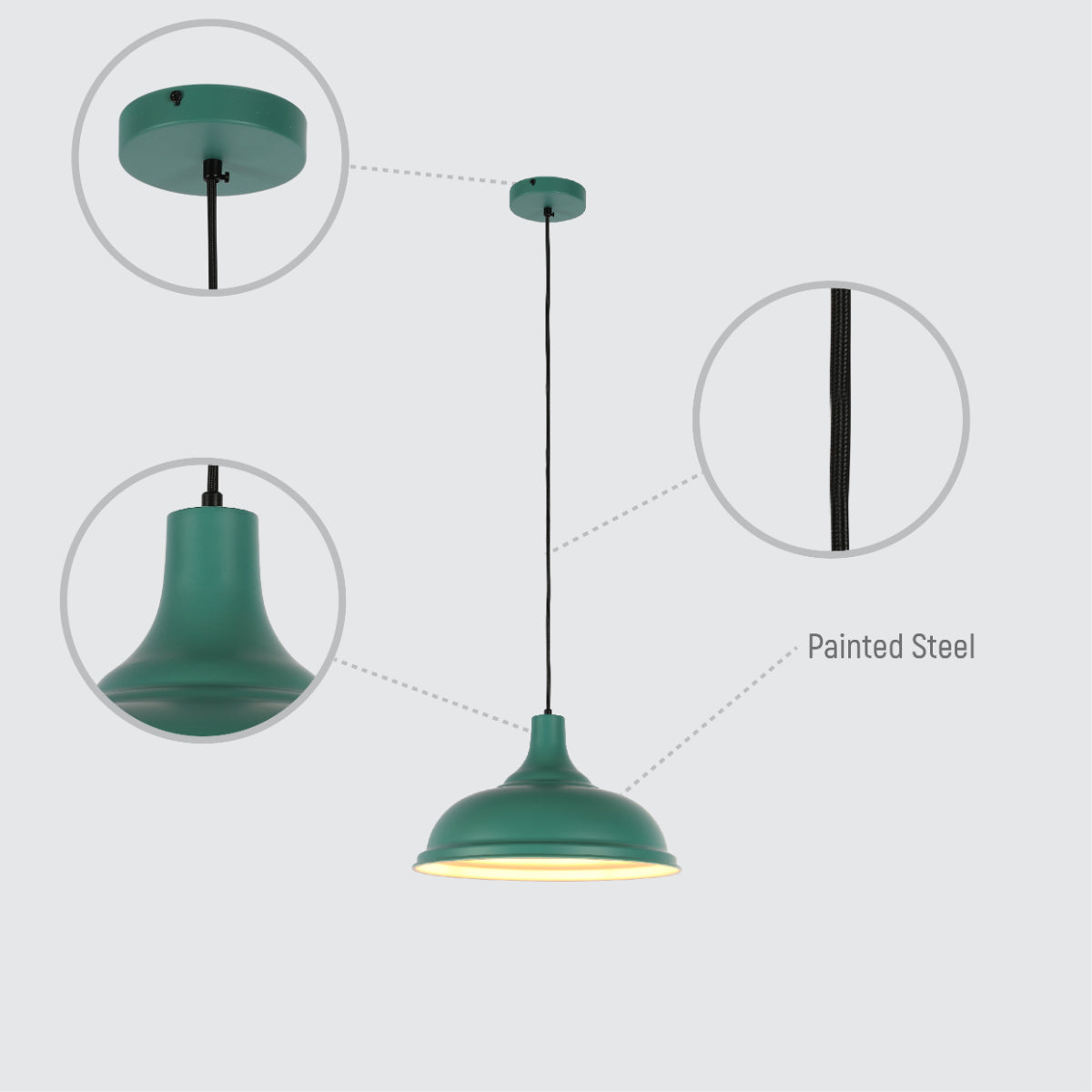 Imagen detallada de la lámpara colgante moderna de 38 cm, con pantalla metálica, ideal para comedores con estilo contemporáneo.
