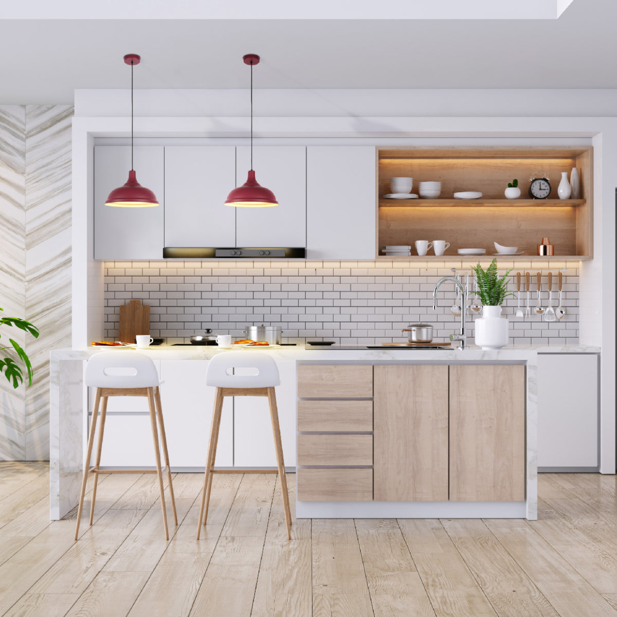 Luz colgante de metal en forma escalonada, ideal para comedores modernos con decoración minimalista y contemporánea.