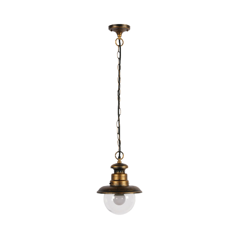 Lámpara colgante exterior negra con detalles dorados, perfecta para patios modernos y decoraciones contemporáneas.