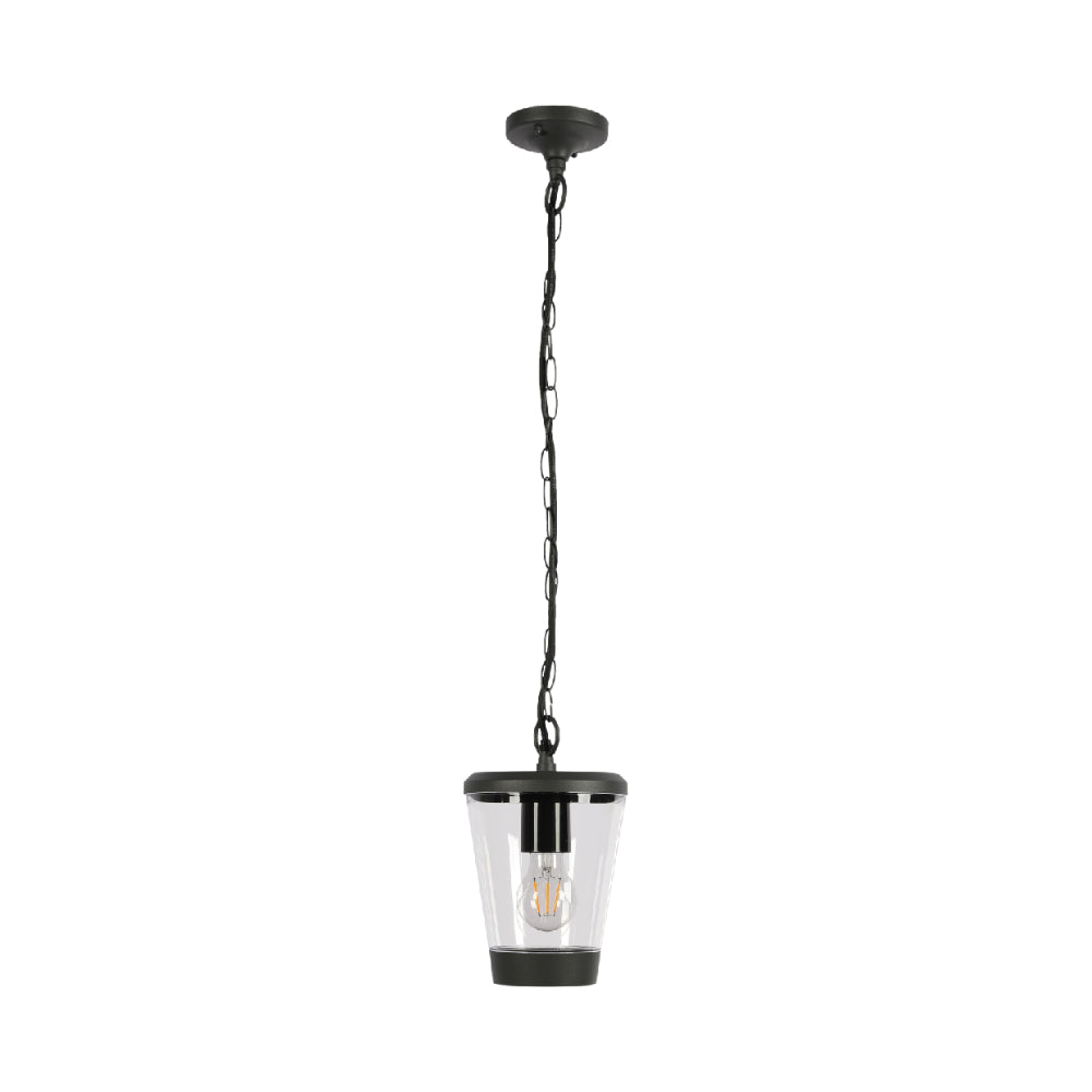 Lámpara colgante exterior de diseño moderno, ideal para patios y terrazas, complementa decoraciones contemporáneas.