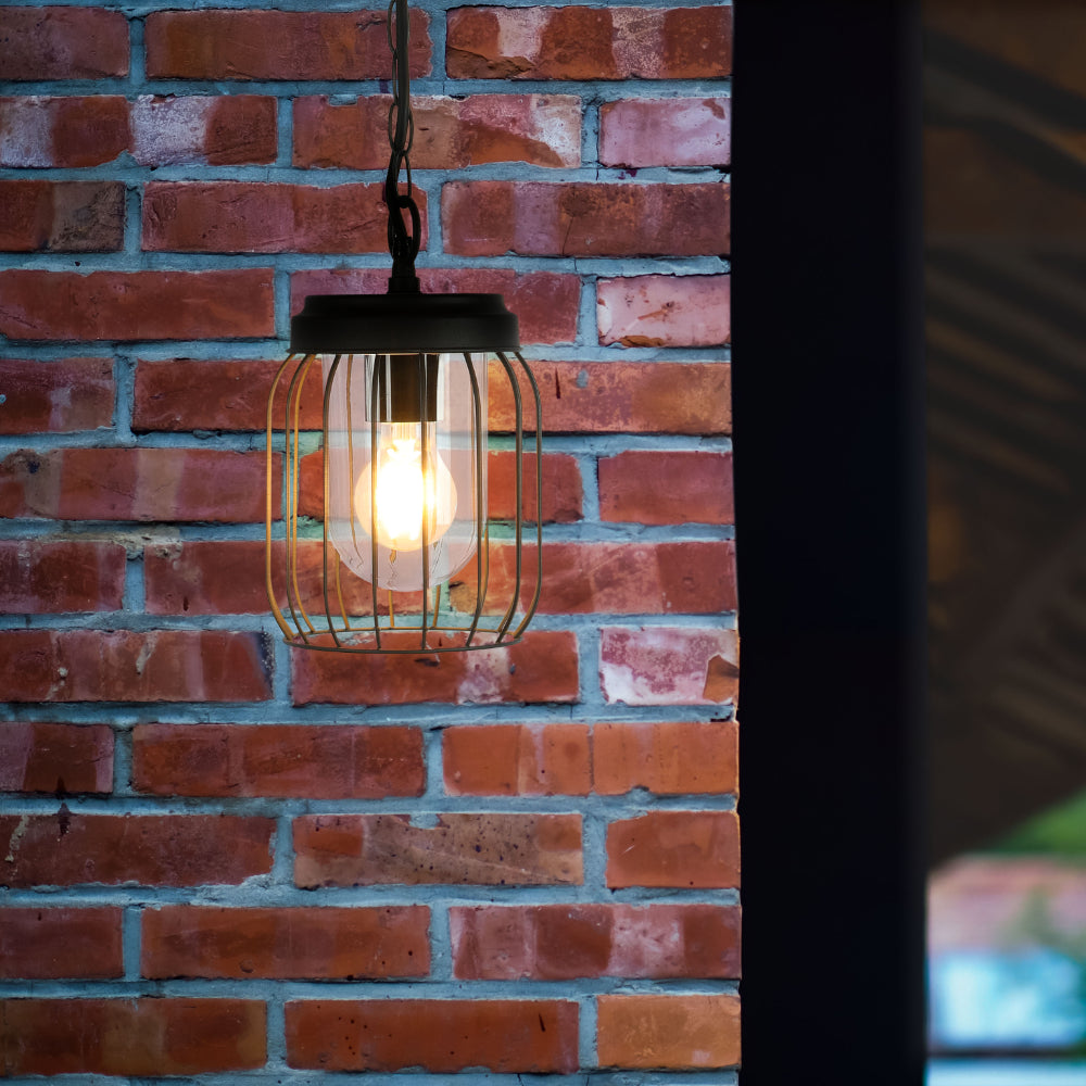 Lámpara colgante exterior de diseño moderno en gris oscuro, ideal para terrazas y patios con estilo contemporáneo.