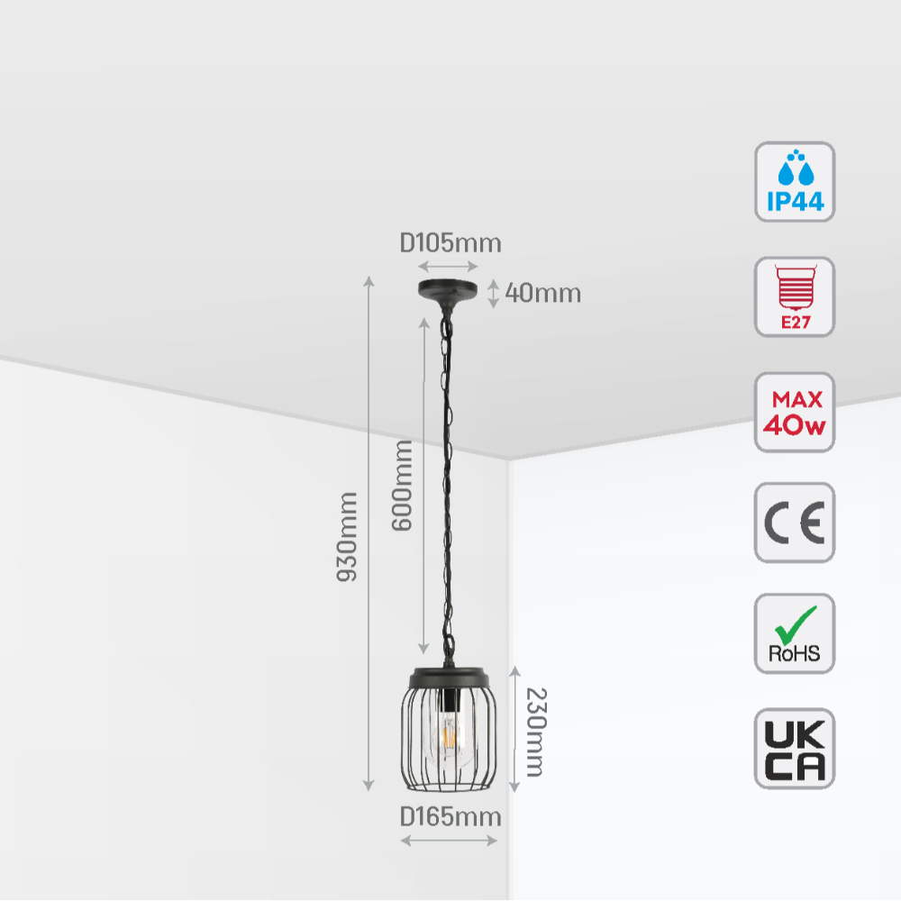 Lámpara colgante exterior de metal gris oscuro, perfecta para terrazas modernas y patios con estilo contemporáneo.