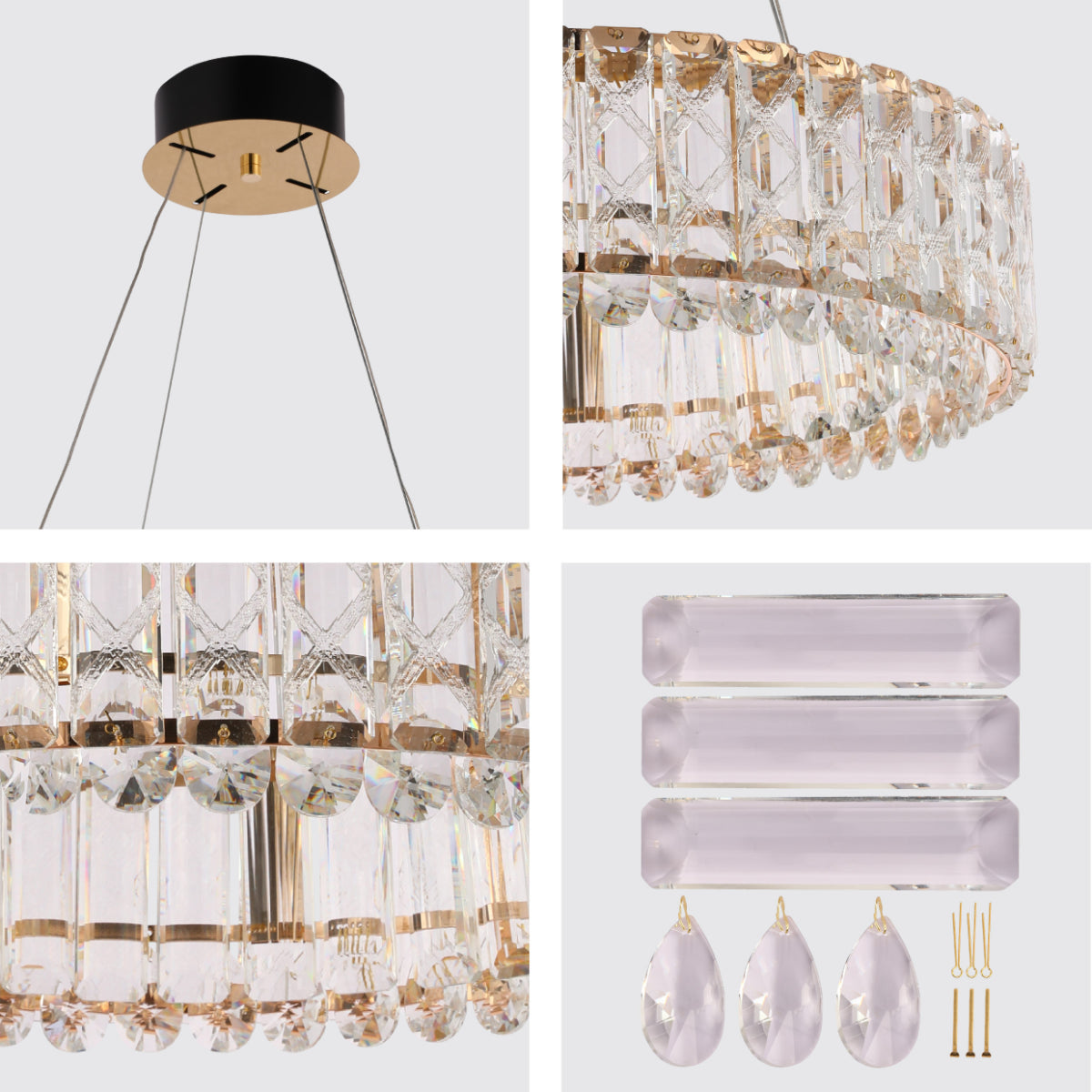 Primer plano de un elegante candelabro de cristal dorado, perfecto para comedores con decoración contemporánea y control remoto.