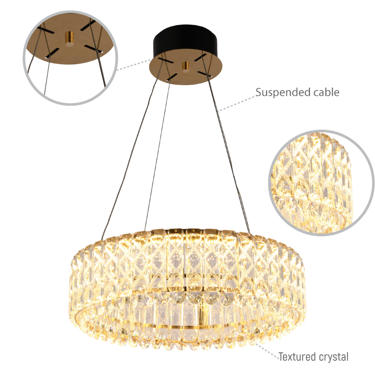 Lámpara colgante de cristal dorado ideal para comedores elegantes, combinando estilo moderno con sofisticación y control remoto.