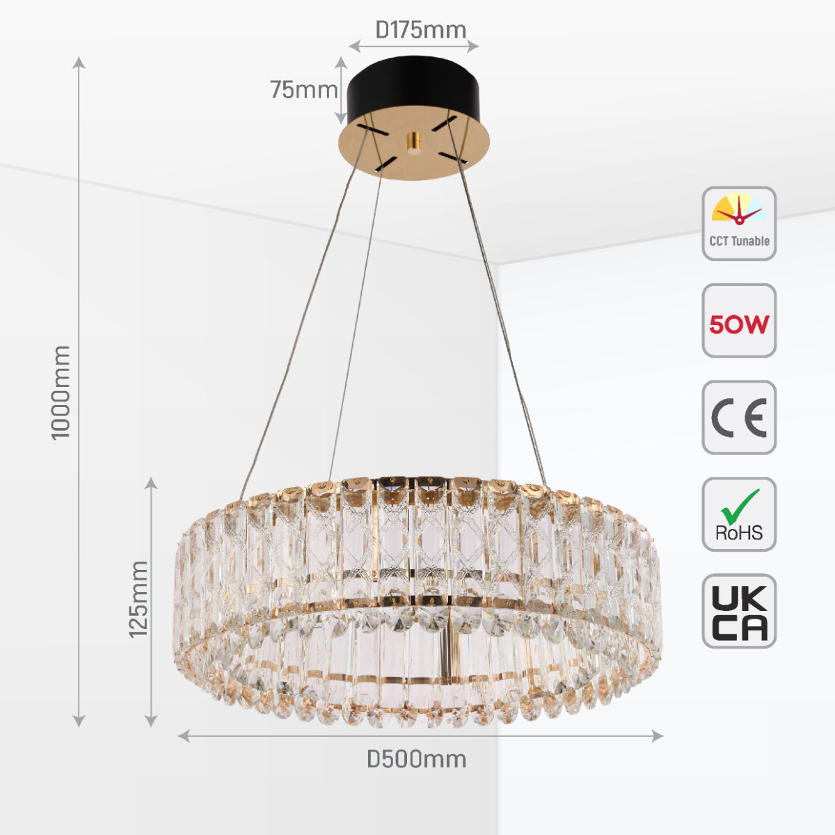 Imagen principal de una lámpara colgante de cristal dorado, perfecta para salones modernos, añadiendo elegancia y estilo. Control remoto incluido.