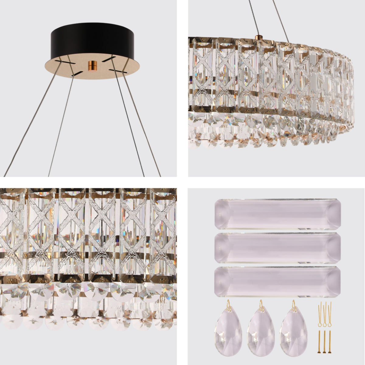 Detalle de un elegante chandelier de cristal dorado con control remoto, ideal para salones y decoraciones modernas.