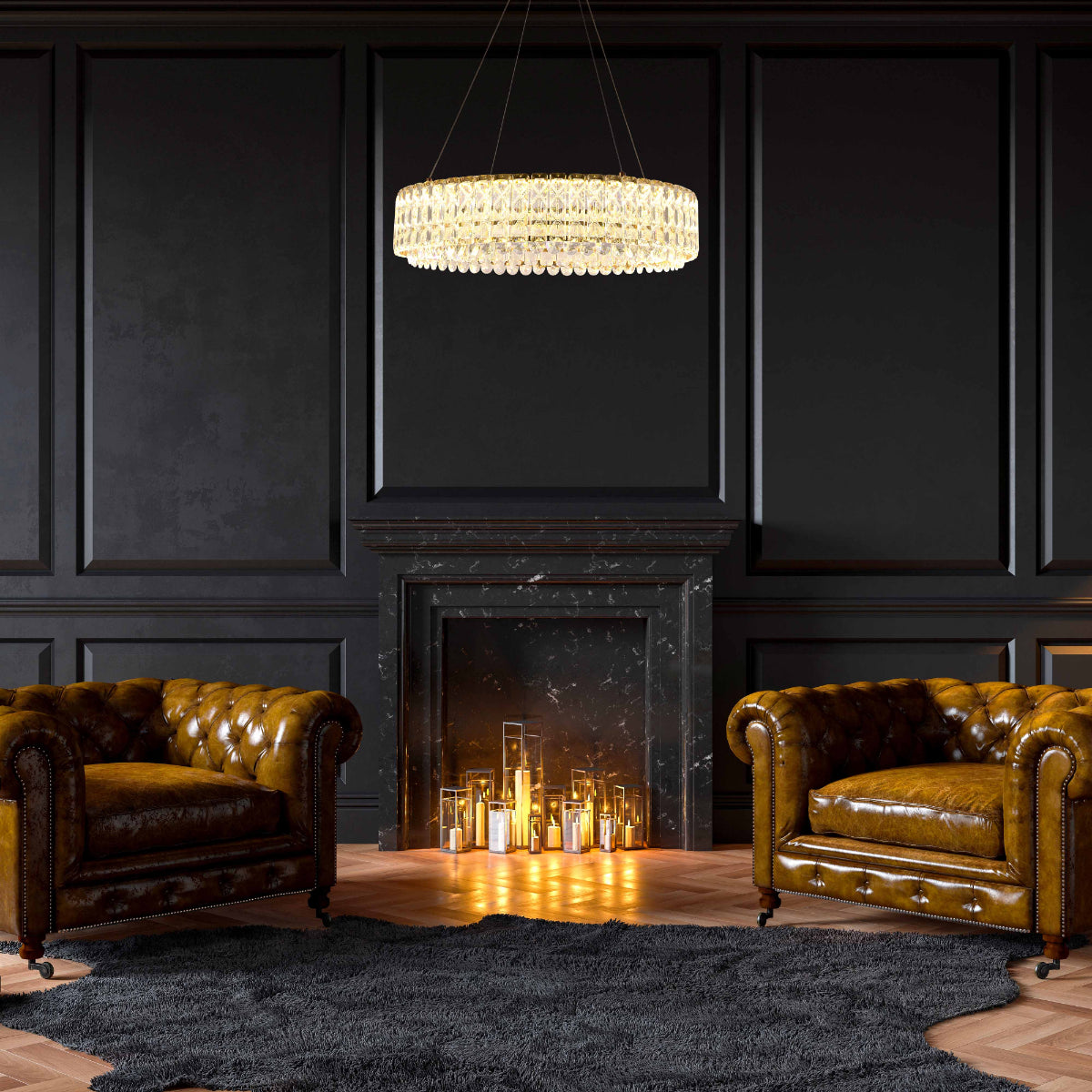 Luz de colgar estilo chandelier con cristales y control remoto, perfecta para salones elegantes y decoraciones contemporáneas.