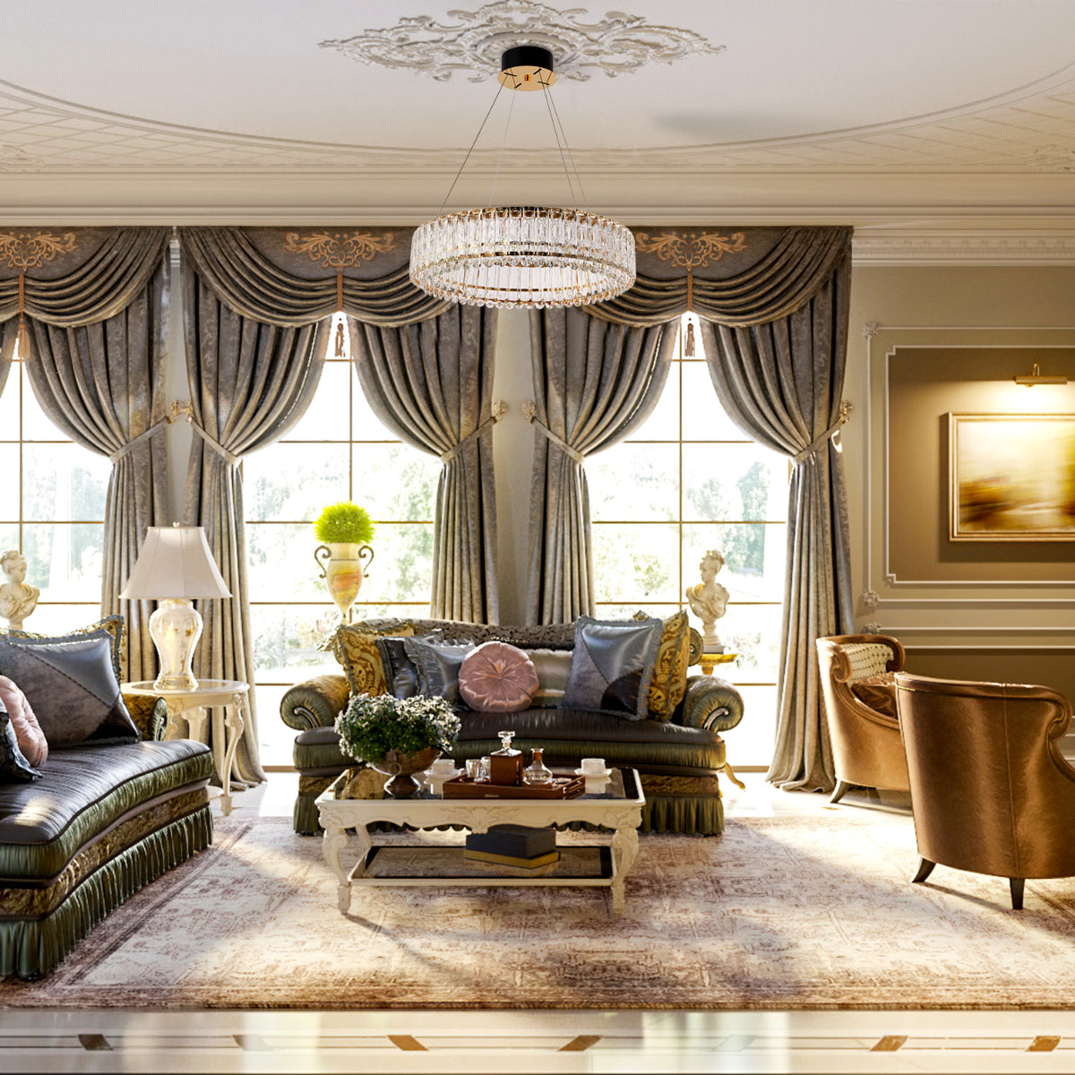 Chandelier de cristal dorado con control remoto, ideal para comedores elegantes y decoración moderna.