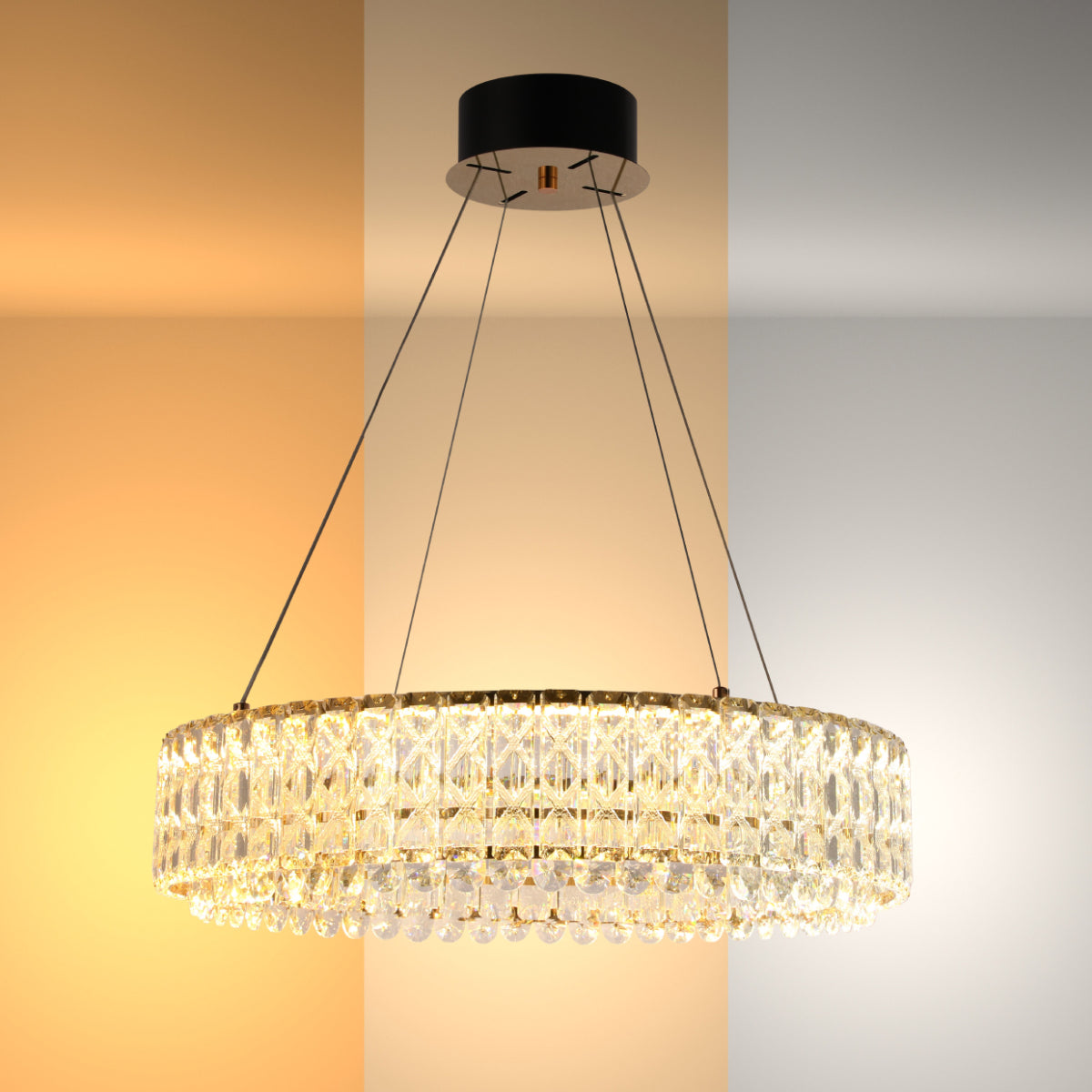 Lámpara colgante de cristal dorado con control remoto, perfecta para salones de estilo moderno y elegante.